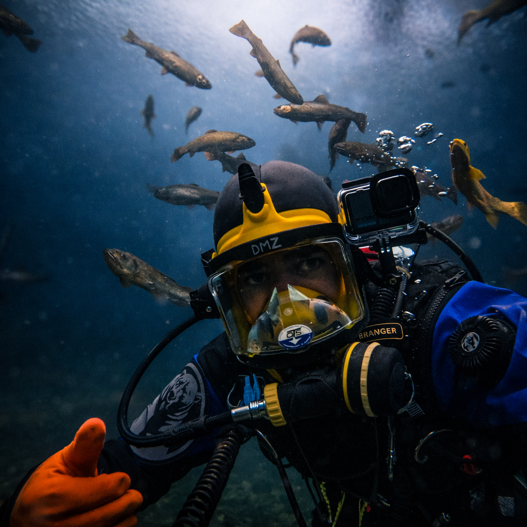 A DMZ diver looking toward the camera while surrounded by fish